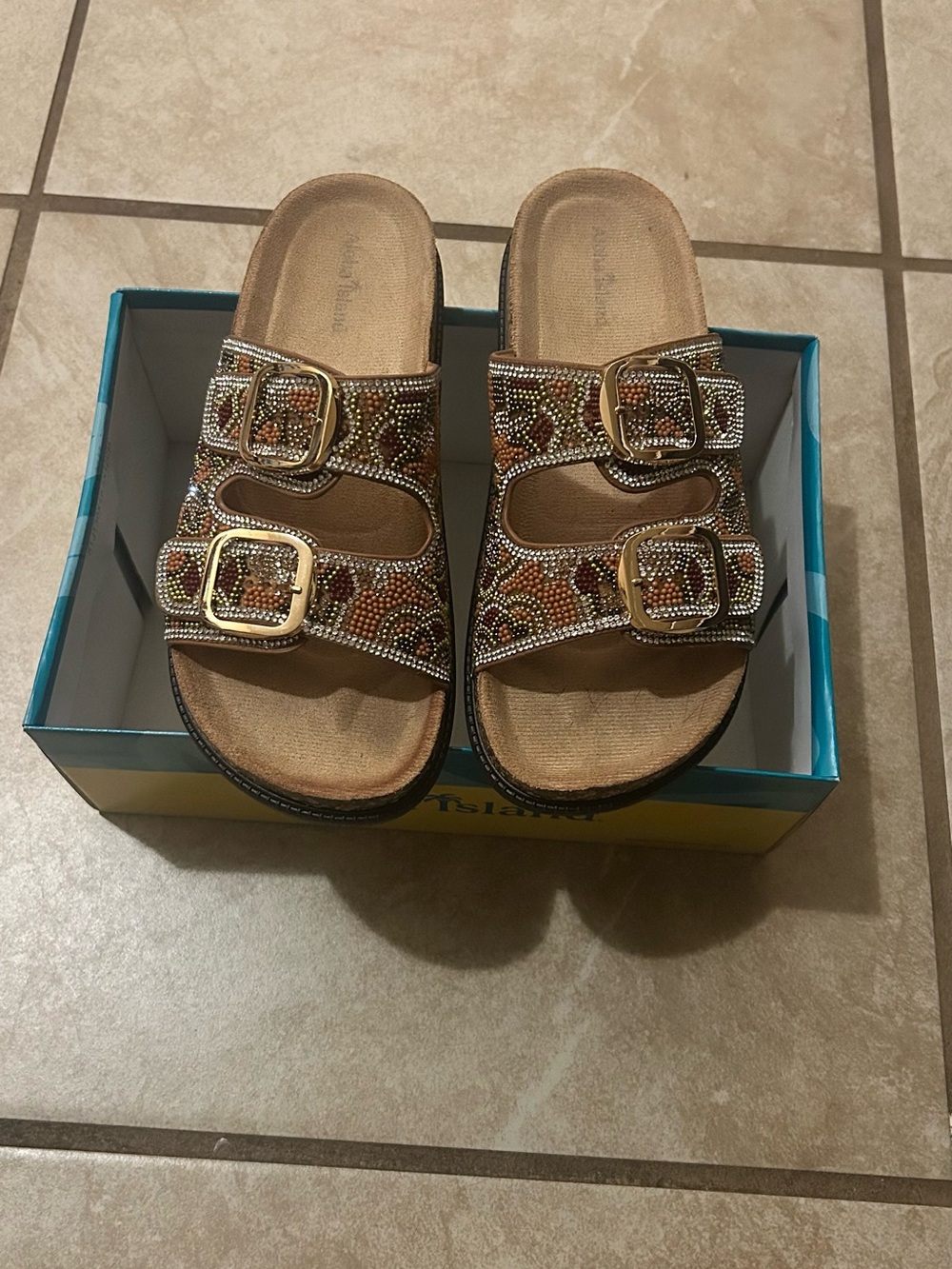 Women’s Rhinestone Embellished Double Buckle Slide Sandals | Size 9